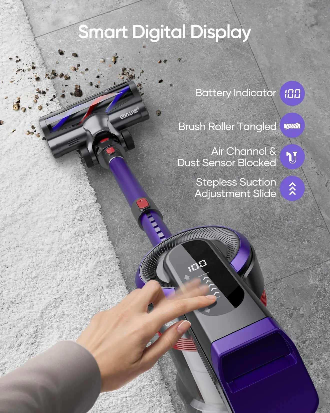 BUTURE 450W 38Kpa Handheld Wireless Cordless Cleaner Vacuum with Touch Display and 1.5L Large Dust Cup for Floor Carpet Car Pet